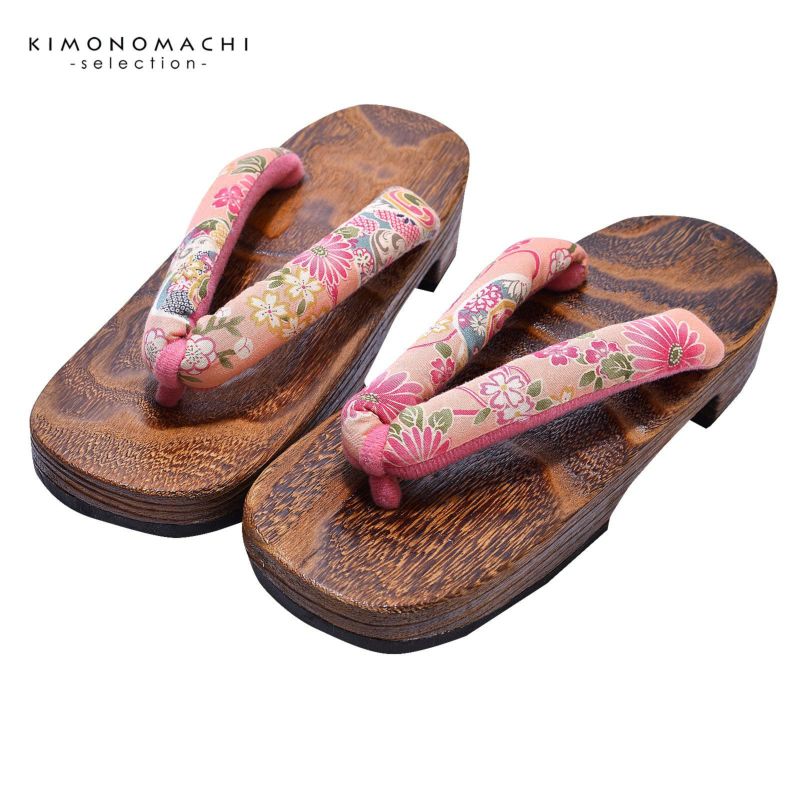 女性下駄単品 「ピンク地　牡丹・菊・三色巴紋」 フリーサイズ Fサイズ 23～24.5cm 痛くなりにくい 下駄 女性 レディース 桐下駄 浴衣・夏着物に 浴衣下駄