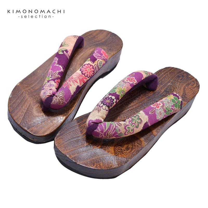 女性下駄単品 「紫地に紅葉と菊　青海波」 フリーサイズ Fサイズ 23～24.5cm 痛くなりにくい 下駄 女性 レディース 桐下駄 浴衣・夏着物に 浴衣下駄