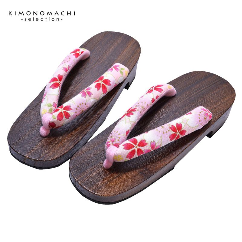 女性下駄単品 「台：茶　薄ピンク地に桜」 Lサイズ 24.0～25.5cm 痛くなりにくい 下駄 女性 レディース 桐下駄 浴衣・夏着物に 浴衣下駄
