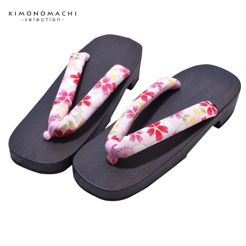 女性下駄単品 「台：黒茶　薄ピンク地に桜」 Lサイズ 24.0～25.5cm 痛くなりにくい 下駄 女性 レディース 桐下駄 浴衣・夏着物に 浴衣下駄
