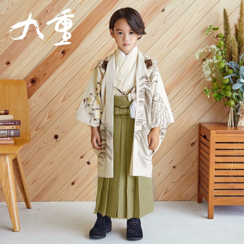 七五三 着物 3歳?5歳 ブランド羽織袴セット 九重 ここのえ 「ベージュ　帆船、鷹」 小柄な五歳 大きな三歳向け 対応身長100cm?110cm前後 フルセットに足袋と腰ひもプレゼント 着物セット 男児用 3才?5才 着物セット 子供着物 五才のお祝い着 3歳?5歳向け 【送料無料】
