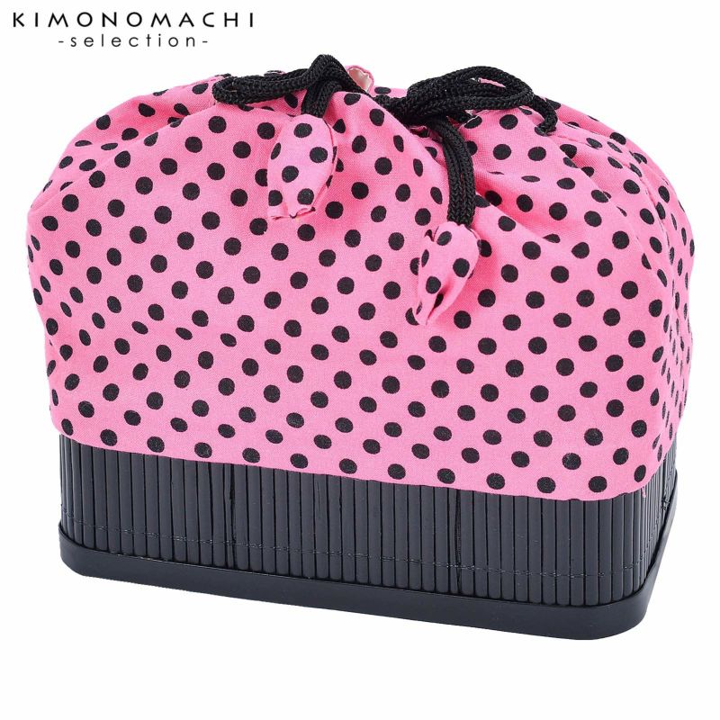 竹籠 巾着単品 「濃桃色地　黒水玉」 浴衣巾着 巾着バッグ きんちゃく 夏祭り、花火大会に