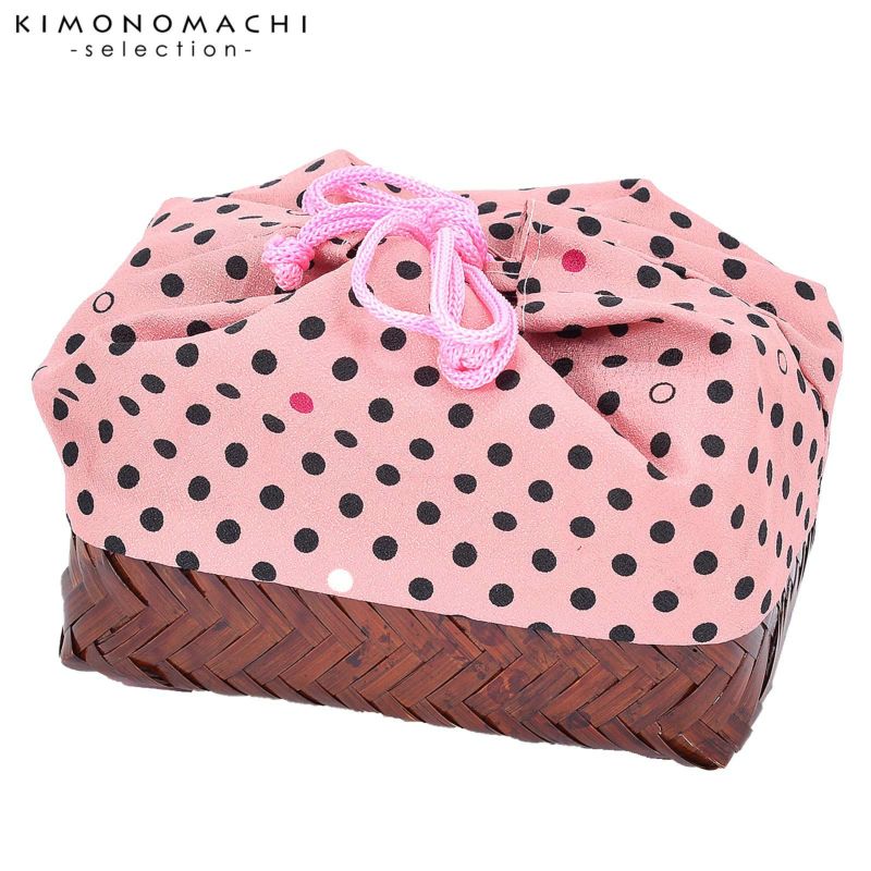 竹籠 巾着単品 「ピンク地　水玉」 浴衣巾着 巾着バッグ きんちゃく 夏祭り、花火大会に