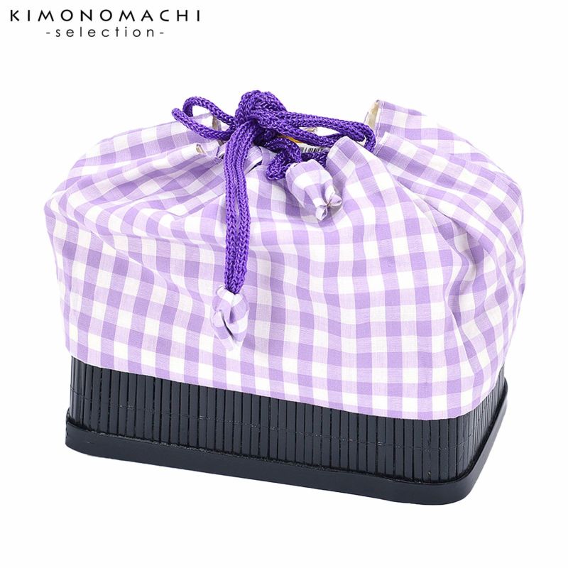 竹籠 巾着単品 「白×紫　チェック」 浴衣巾着 巾着バッグ きんちゃく 夏祭り、花火大会に
