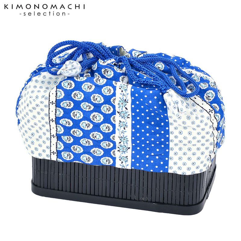 竹籠 巾着単品 「青×白　小花とドット」 浴衣巾着 巾着バッグ きんちゃく 夏祭り、花火大会に