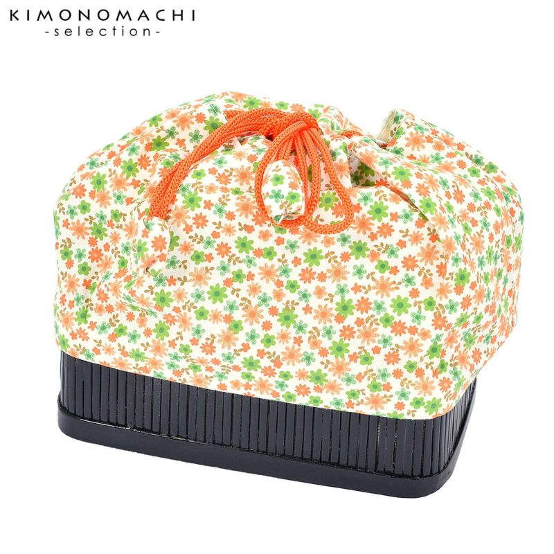 竹籠 巾着単品 「緑×オレンジ　小花」 浴衣巾着 巾着バッグ きんちゃく 夏祭り、花火大会に