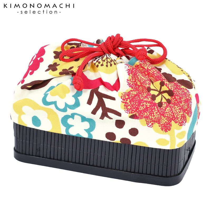 竹籠 巾着単品 「クリーム地　北欧風デザイン　花」 浴衣巾着 巾着バッグ きんちゃく 夏祭り、花火大会に