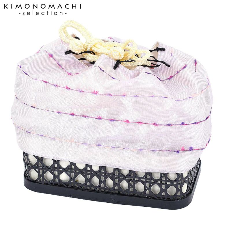 竹籠 巾着単品 「薄紫オーガンジー　刺繍」 浴衣巾着 巾着バッグ きんちゃく 夏祭り、花火大会に