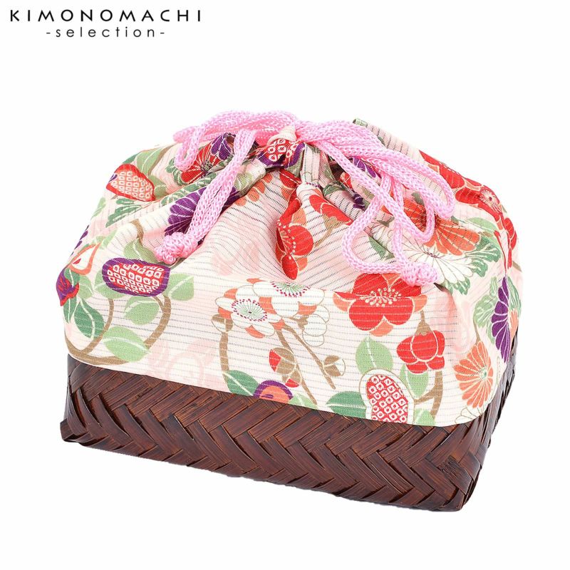 竹籠 巾着単品 「薄ピンク地　梅と菊・橘」 浴衣巾着 巾着バッグ きんちゃく 夏祭り、花火大会に