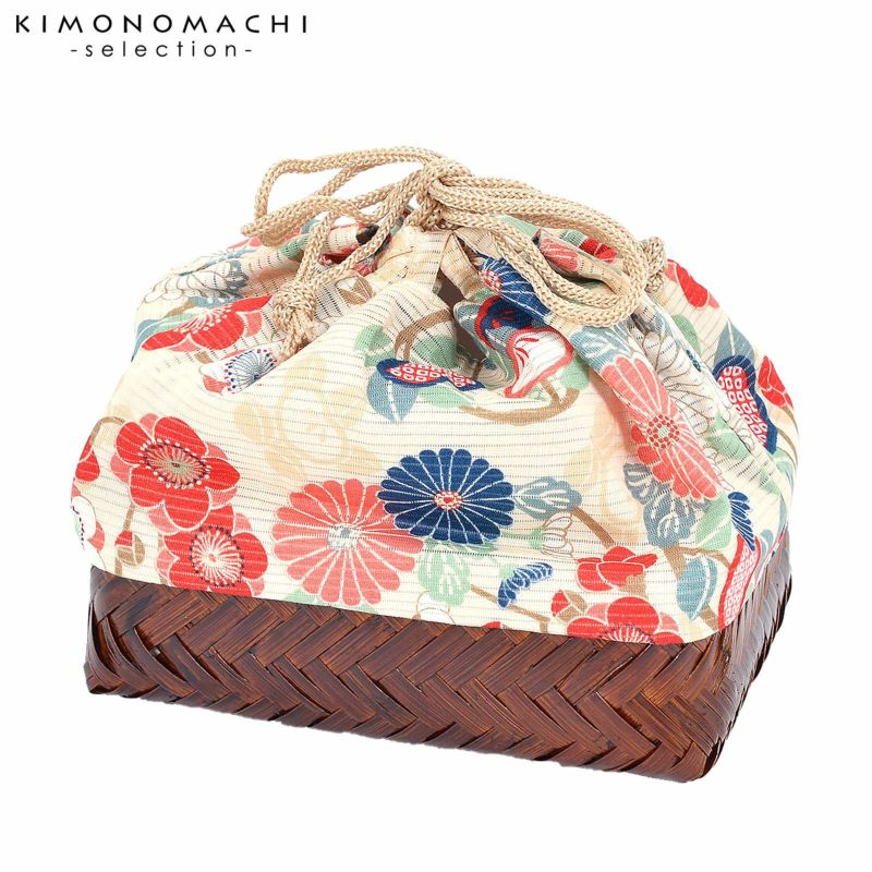 竹籠 巾着単品 「クリーム　梅と菊・橘」 浴衣巾着 巾着バッグ きんちゃく 夏祭り、花火大会に