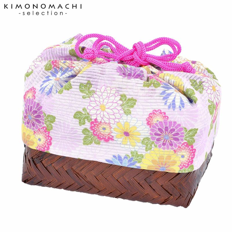 竹籠 巾着単品 「薄紫地　菊」 浴衣巾着 巾着バッグ きんちゃく 夏祭り、花火大会に