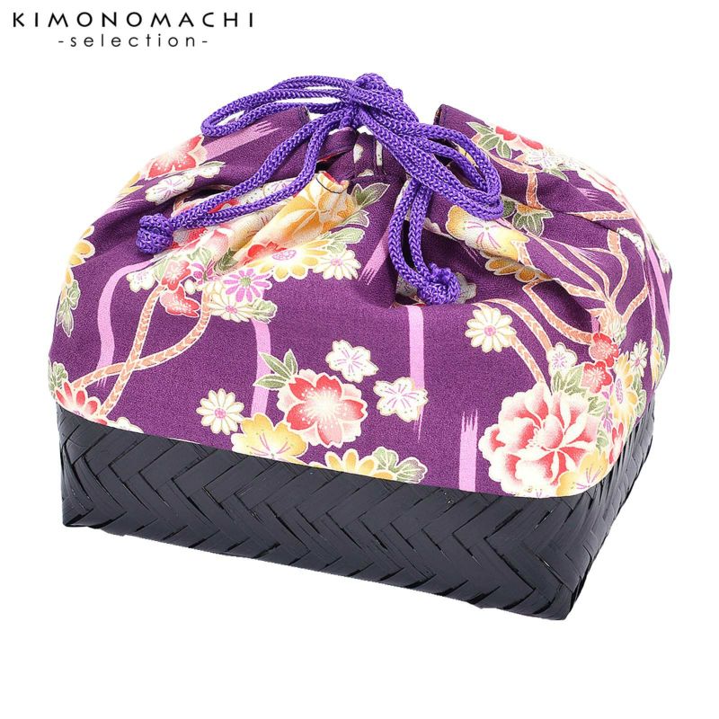 竹籠 巾着単品 「紫地　桜と菊・梅」 浴衣巾着 巾着バッグ きんちゃく 夏祭り、花火大会に