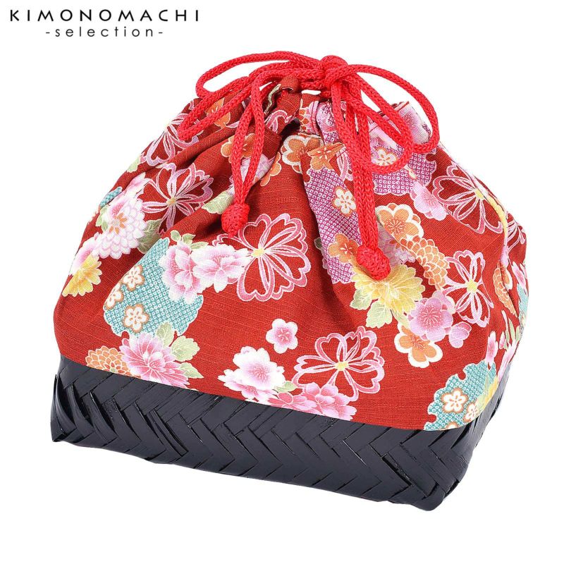 竹籠 巾着単品 「赤地　桜　菊　雪輪」 浴衣巾着 巾着バッグ きんちゃく 夏祭り、花火大会に