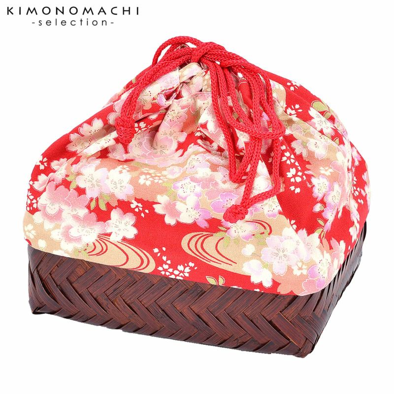 竹籠 巾着単品 「赤地　流水に桜」 浴衣巾着 巾着バッグ きんちゃく 夏祭り、花火大会に
