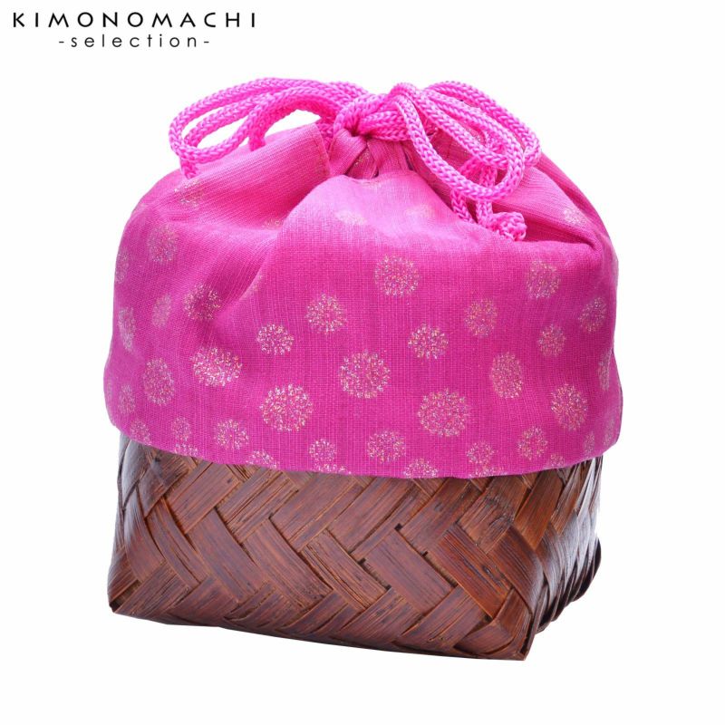 竹籠 巾着単品 「濃牡丹色ぼかし　水玉」 浴衣巾着 巾着バッグ きんちゃく 夏祭り、花火大会に