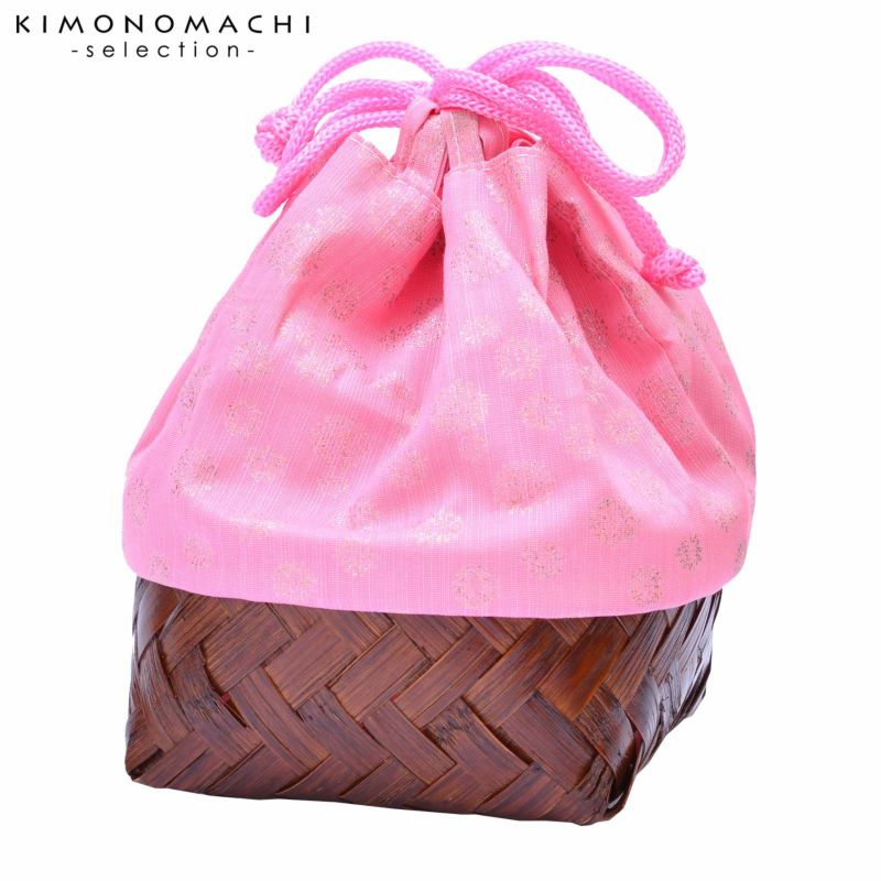 竹籠 巾着単品 「ピンク地　花火」 浴衣巾着 巾着バッグ きんちゃく 夏祭り、花火大会に