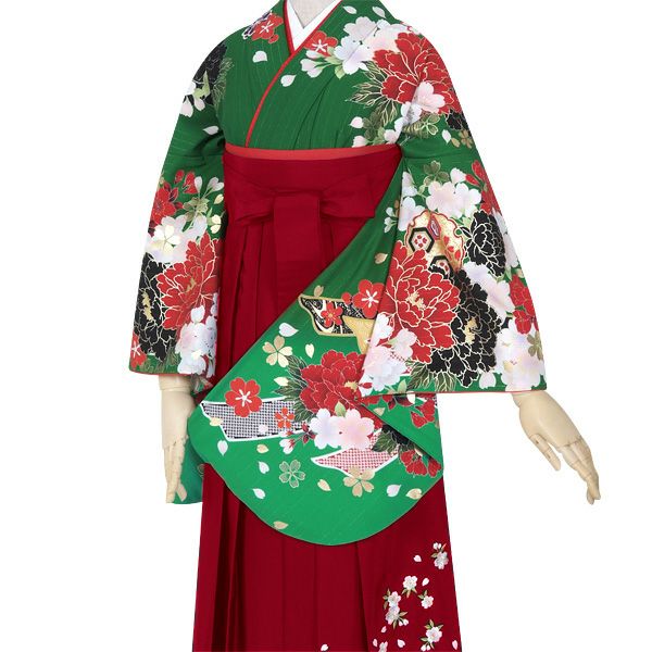 中古品】卒業式袴セット 「二尺袖：緑 熨斗と牡丹+袴：赤×ぼかし」 貸 