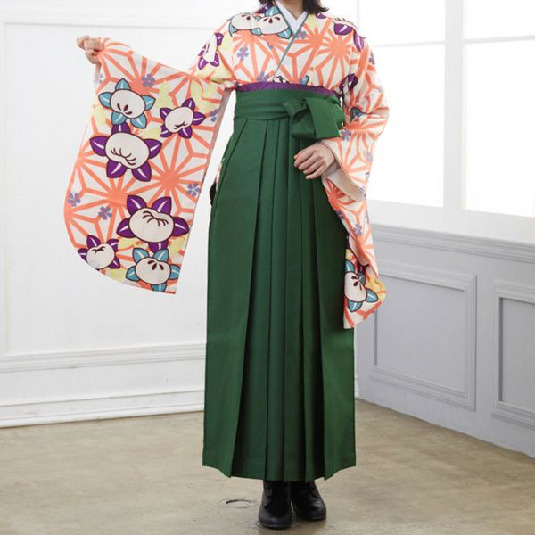 中古品】卒業式袴セット 「二尺袖：白ピンク 麻の葉に橘+袴：ライト  