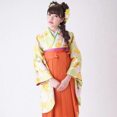 【中古品】袴セット レディース 卒業式 「二尺袖：パステル格子水玉+袴：橙×菊 刺繍」貸衣装処分 レンタル処分品 二尺袖 袴 卒業式、謝恩会に 【メール便不可】ss2512hkm10 000000022991-01-m.jpg?t=