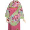 【中古品】卒業式袴セット 「二尺袖：緑　疋田梅+袴：ピンク×桜 刺繍」 貸衣装処分 レンタル処分品 二尺袖 袴 卒業式、謝恩会に