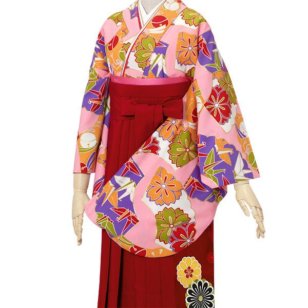 【中古品】卒業式袴セット 「二尺袖：ピンク　九重　扇面に鈴と折り鶴+袴：エンジ×矢絣」 貸衣装処分 レンタル処分品 二尺袖 袴 卒業式、謝恩会に 【メール便不可】