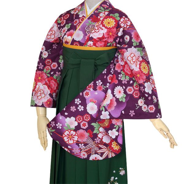 【中古品】卒業式袴セット 「二尺袖：紫　雪輪花くす玉+袴：ライトグリーン×刺繍」 貸衣装処分 レンタル処分品 二尺袖 袴 卒業式、謝恩会に