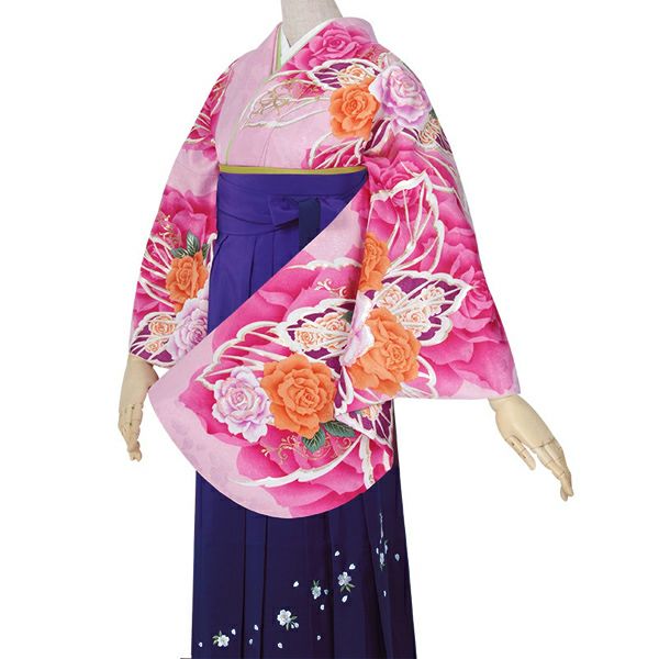 【中古品】卒業式袴セット 「二尺袖：ピンク　シャイニーローズ+袴：青紫×無地」 貸衣装処分 レンタル処分品 二尺袖 袴 卒業式、謝恩会に