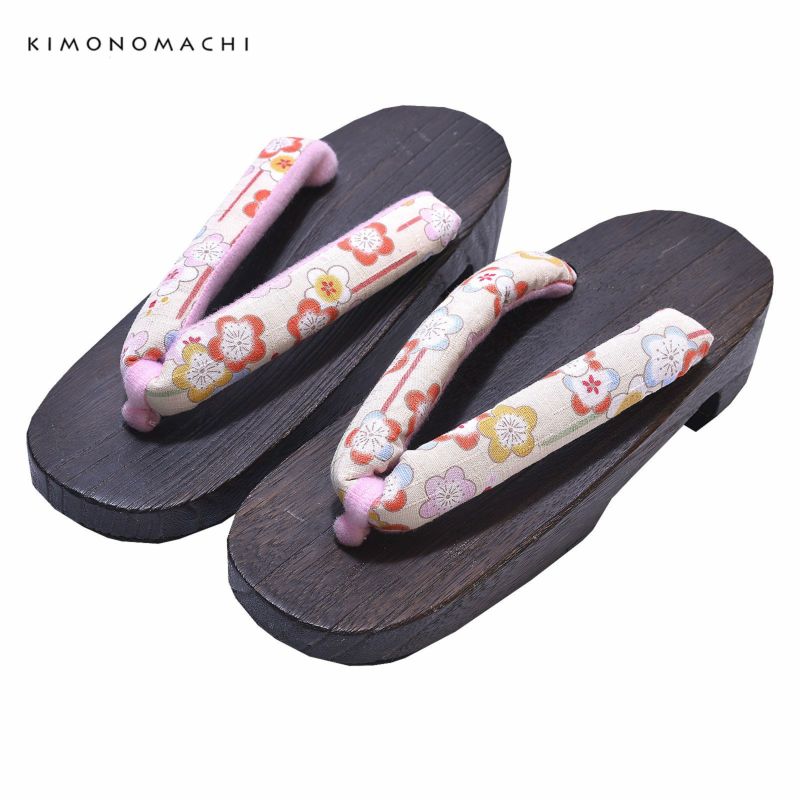 女性下駄単品 「クリーム地に梅」 フリーサイズ Fサイズ 23.5～24.5cm 痛くなりにくい 下駄 女性 レディース 桐下駄 浴衣・夏着物に 浴衣下駄