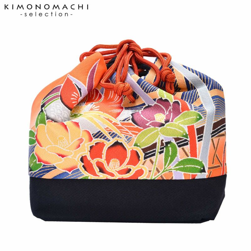 巾着単品 「オレンジ地　椿」 浴衣巾着 巾着バッグ きんちゃく 夏祭り、花火大会に