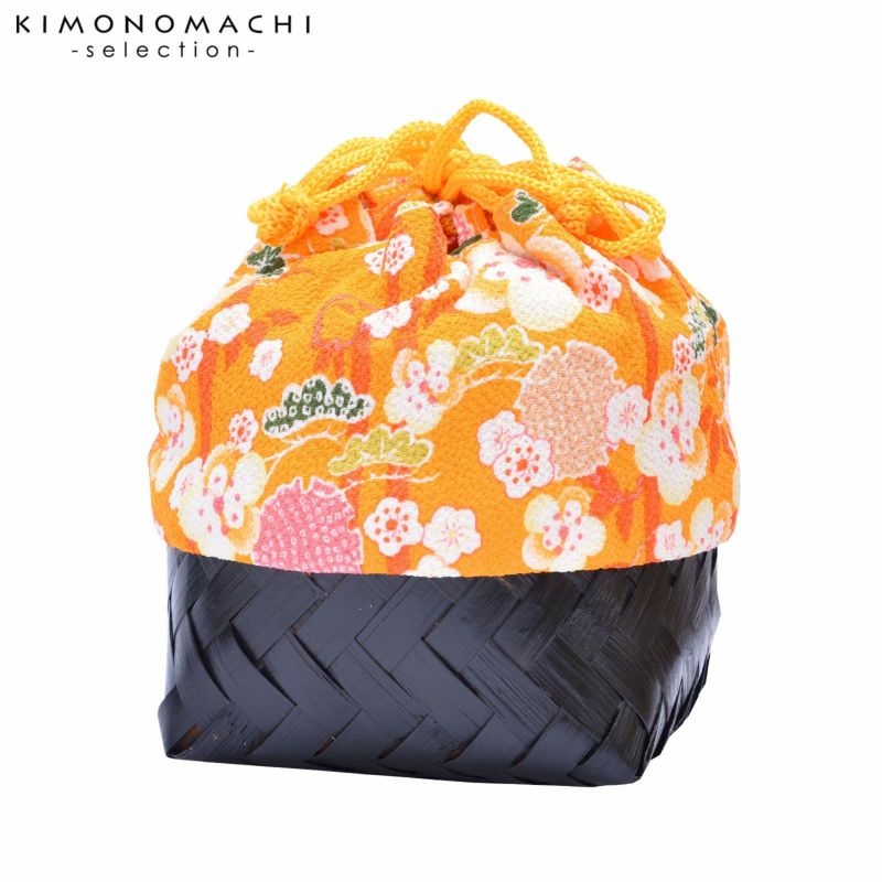 竹籠 巾着単品 「オレンジ　松・竹・梅　雪輪」 浴衣巾着 巾着バッグ きんちゃく 夏祭り、花火大会に