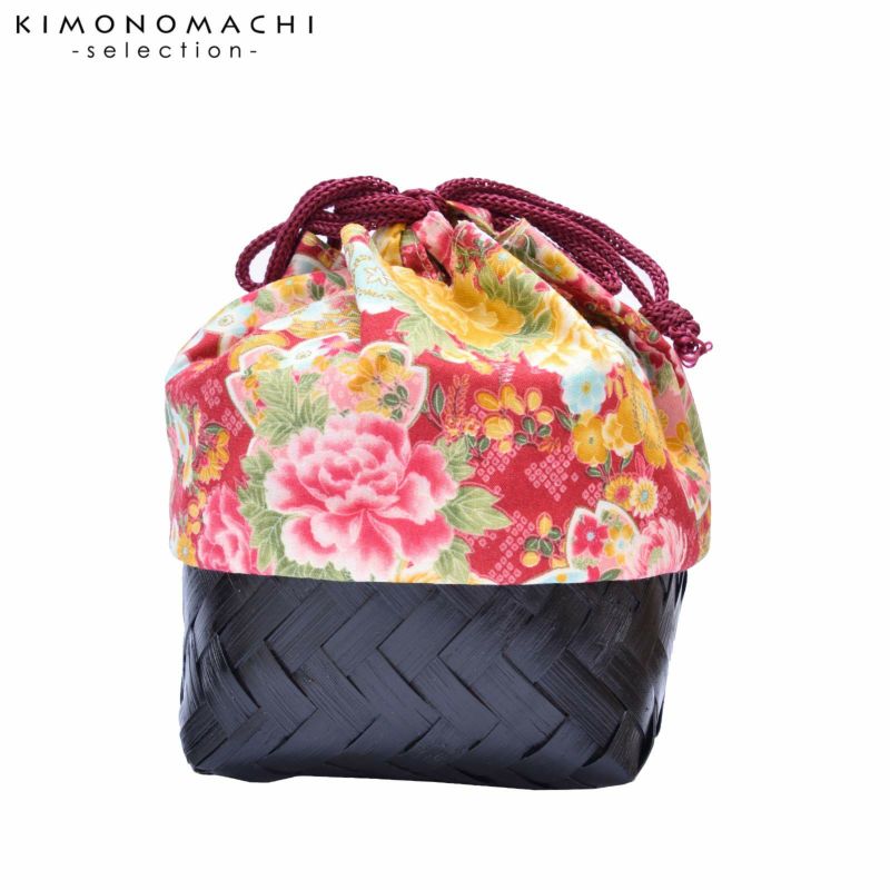 竹籠 巾着単品 「赤地　牡丹　桜」 浴衣巾着 巾着バッグ きんちゃく 夏祭り、花火大会に