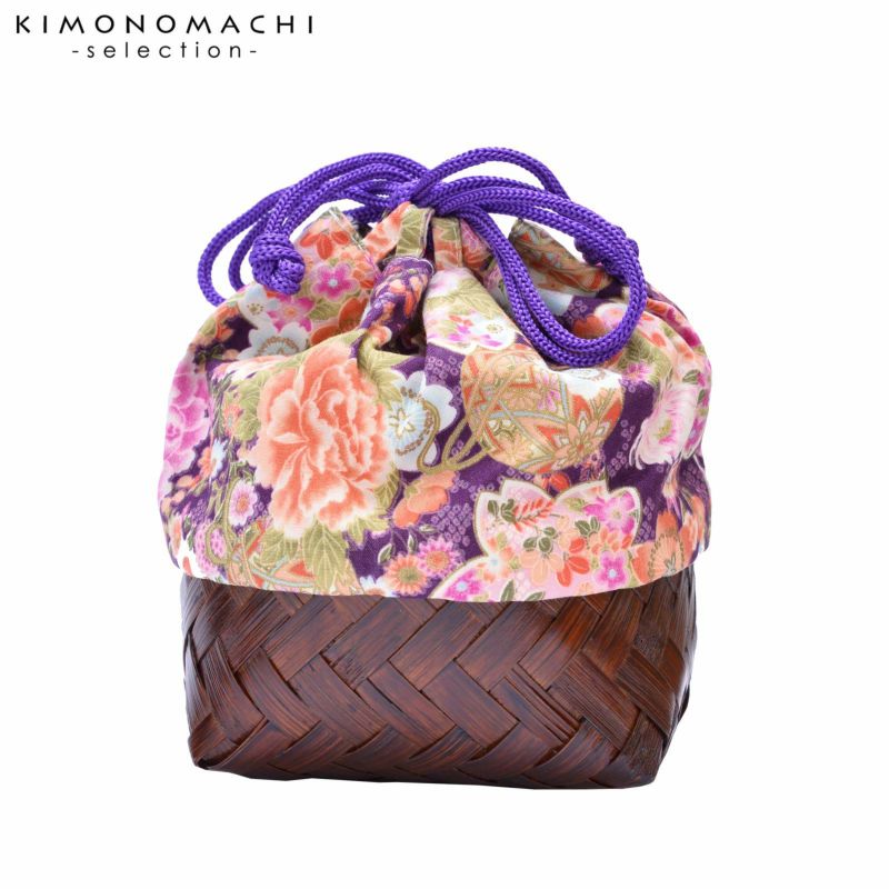竹籠 巾着単品 「紫地　牡丹　桜　手鞠」 浴衣巾着 巾着バッグ きんちゃく 夏祭り、花火大会に