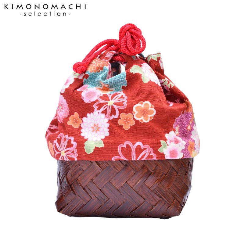 竹籠 巾着単品 「朱赤地に花」 浴衣巾着 巾着バッグ きんちゃく 夏祭り、花火大会に