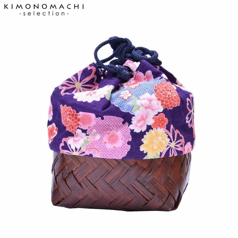 竹籠 巾着単品 「濃紫地に花」 浴衣巾着 巾着バッグ きんちゃく 夏祭り、花火大会に