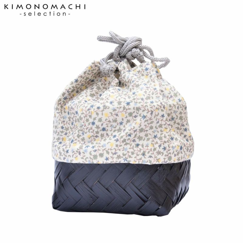 竹籠 巾着単品 「白×黒丸籠　ボタニカル」 浴衣巾着 巾着バッグ きんちゃく 夏祭り、花火大会に