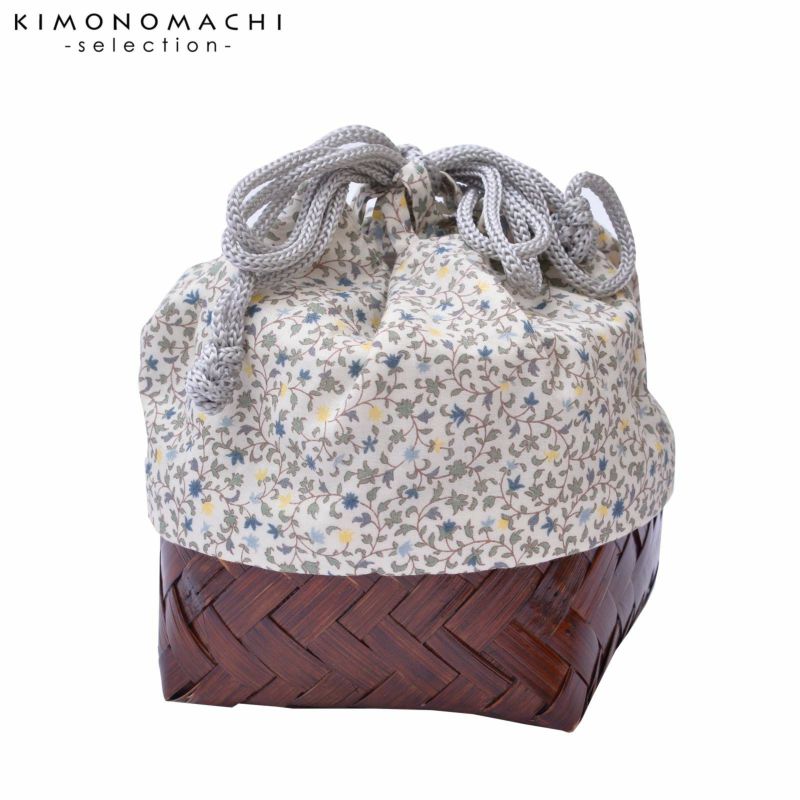 竹籠 巾着単品 「白×茶丸籠　ボタニカル」 浴衣巾着 巾着バッグ きんちゃく 夏祭り、花火大会に