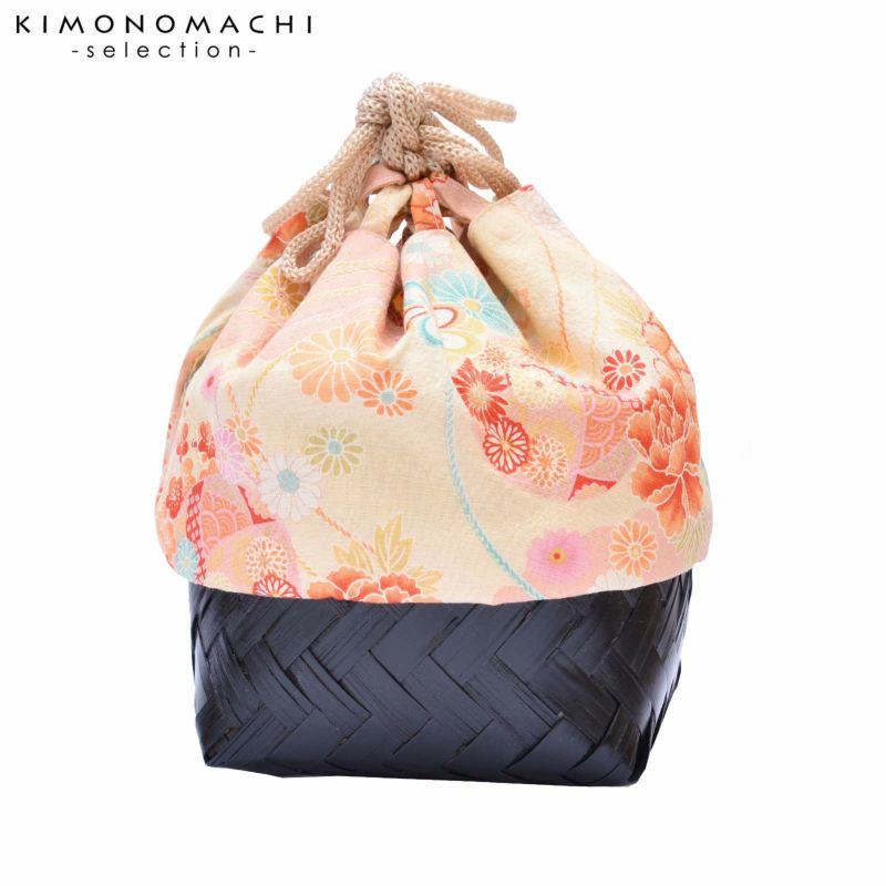 竹籠 巾着単品 「クリーム地　牡丹・菊・手毬」 浴衣巾着 巾着バッグ きんちゃく 夏祭り、花火大会に