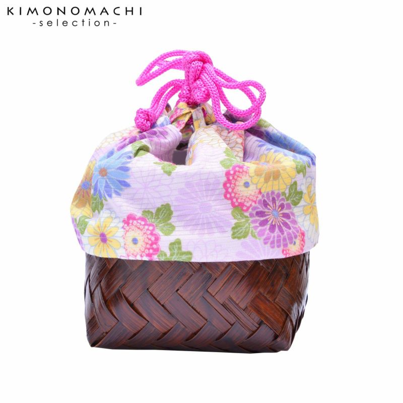 竹籠 巾着単品 「藤色　菊」 浴衣巾着 巾着バッグ きんちゃく 夏祭り、花火大会に