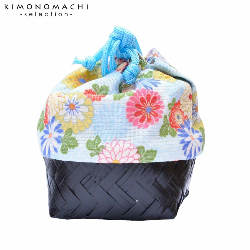 竹籠 巾着単品 「水色　菊」 浴衣巾着 巾着バッグ きんちゃく 夏祭り、花火大会に
