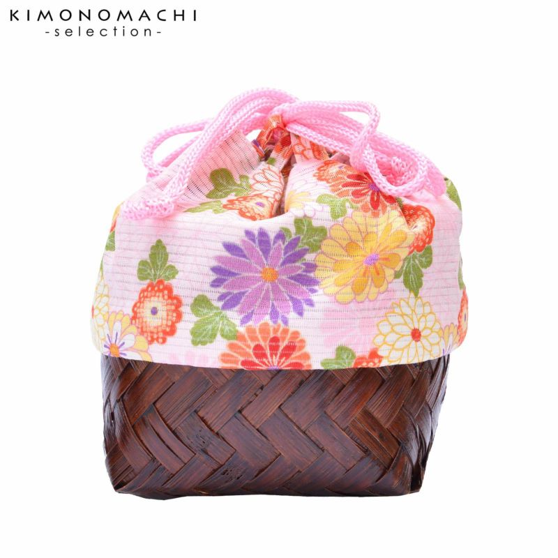 竹籠 巾着単品 「薄ピンク　菊」 浴衣巾着 巾着バッグ きんちゃく 夏祭り、花火大会に