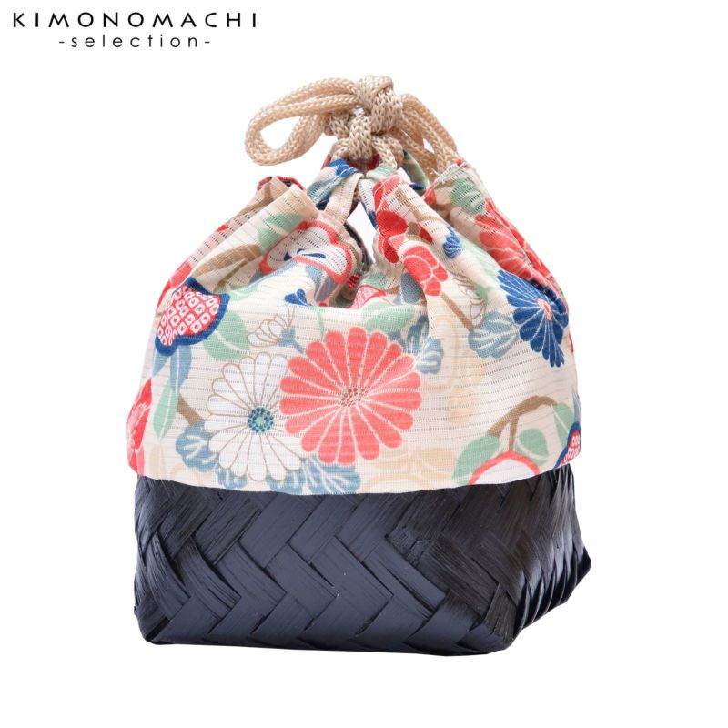 竹籠 巾着単品 「薄ベージュ　菊・橘」 浴衣巾着 巾着バッグ きんちゃく 夏祭り、花火大会に