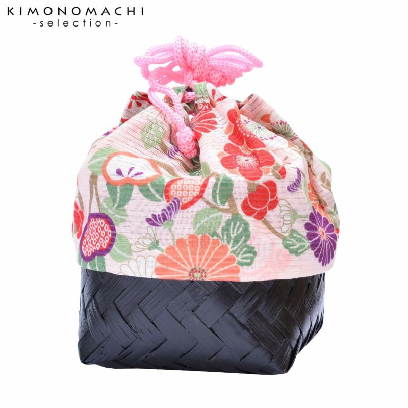 竹籠 巾着単品 「薄ピンク　菊・橘」 浴衣巾着 巾着バッグ きんちゃく 夏祭り、花火大会に