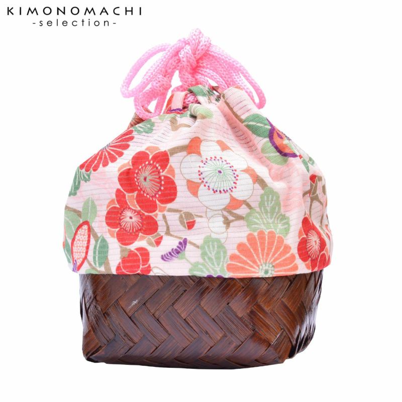 竹籠 巾着単品 「薄ピンク　菊・橘」 浴衣巾着 巾着バッグ きんちゃく 夏祭り、花火大会に