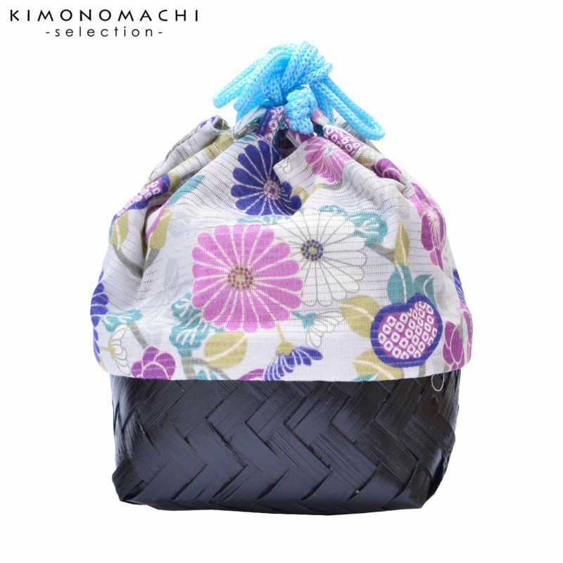 竹籠 巾着単品 「薄グレー　菊・橘」 浴衣巾着 巾着バッグ きんちゃく 夏祭り、花火大会に