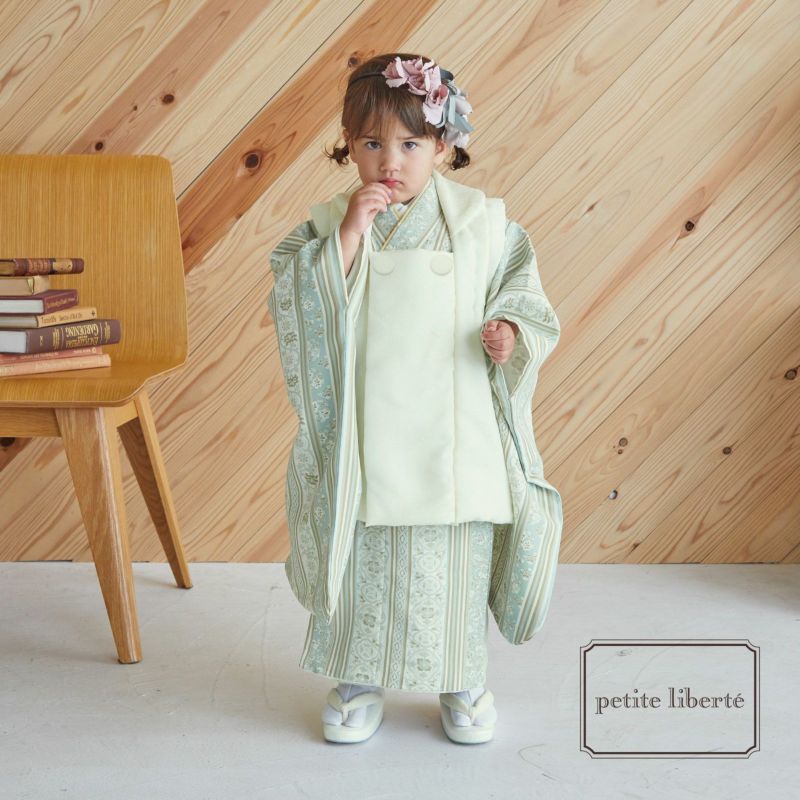 七五三 着物 3歳 女の子 ブランド被布セット petite liberte プチリベルテ 「クリーム、更紗縞ブルー×ベージュ」 三歳女児被布セット 子供着物 フルセット 三才のお祝い着 3才向け【送料無料】