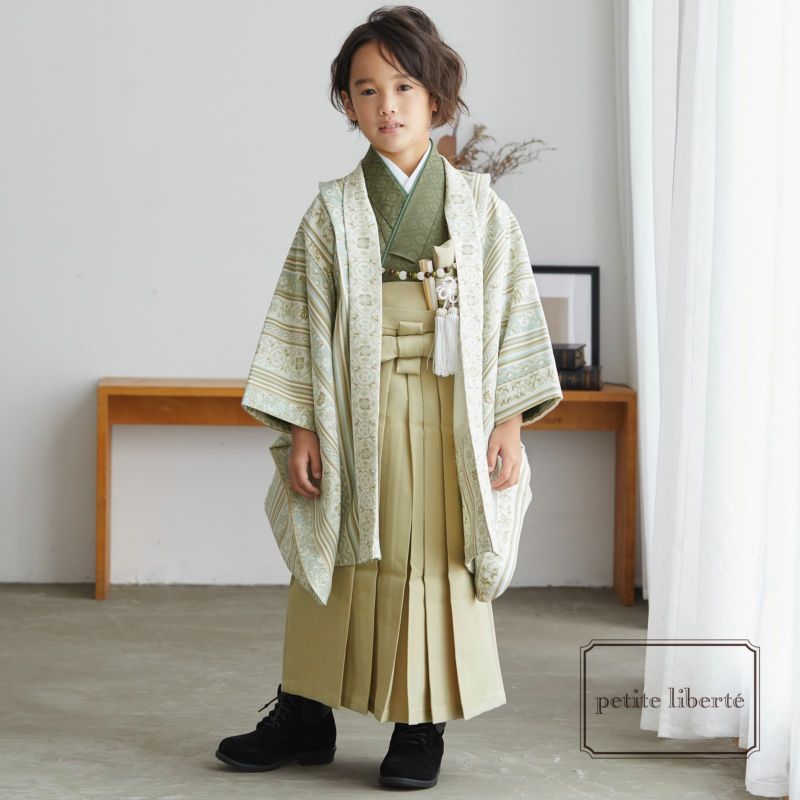 七五三 着物 男の子 3歳～5歳 ブランド羽織袴セット petite liberte プチリベルテ 「更紗縞ブルー×ベージュ、オリーブグリーン」 小柄な五歳 大きな三歳向け 対応身長105cm～115cm前後 着物セット 男児用 3才～5才 着物セット 五才のお祝い着 3歳～5歳向け【送料無料】