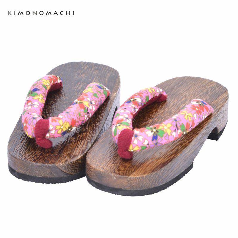 子ども 下駄単品 「桃色地　カラフル・金縁桜」 18cm 女の子 女児 夏の浴衣、甚平に 子供ゲタ