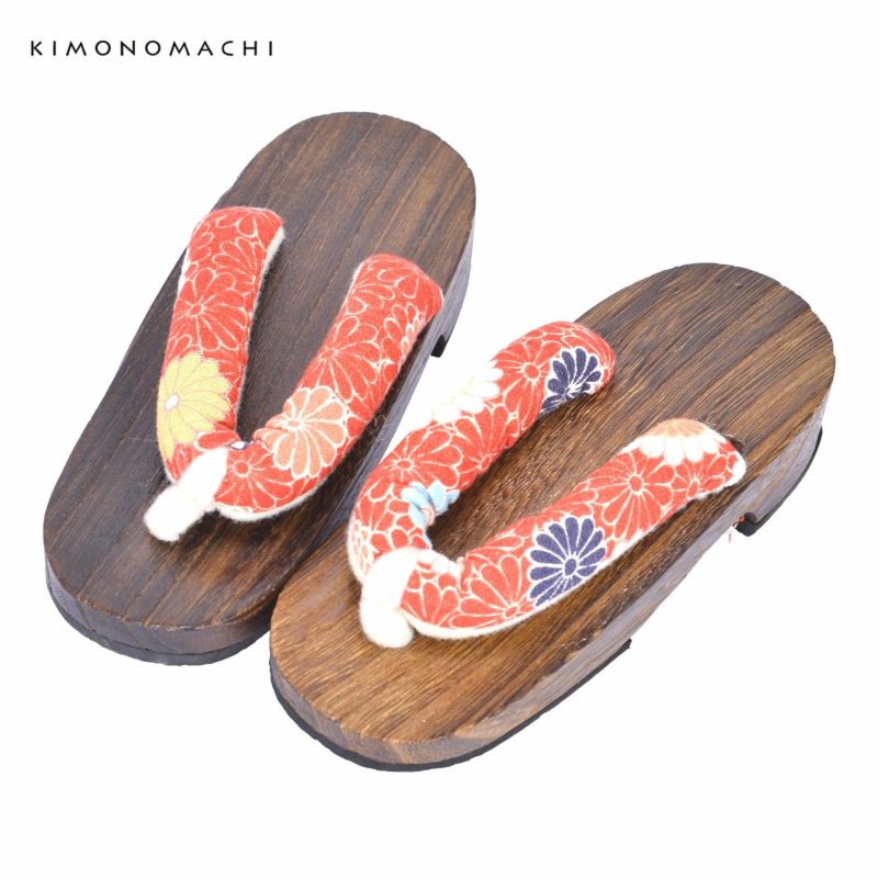 子ども 下駄単品 「赤地　カラフル菊」 17cm 女の子 女児 夏の浴衣、甚平に 子供ゲタ