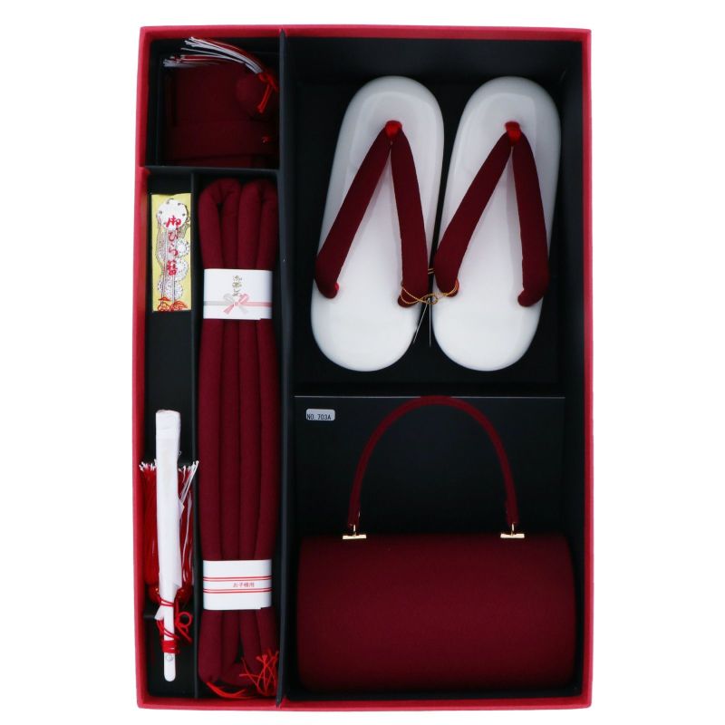 七五三 着物 7歳向け 箱迫セット 「ワインレッド無地」 7歳向け 子供着物 女の子の着物 筥迫 草履 バッグ ビラカン 帯締め 末広 【送料無料】