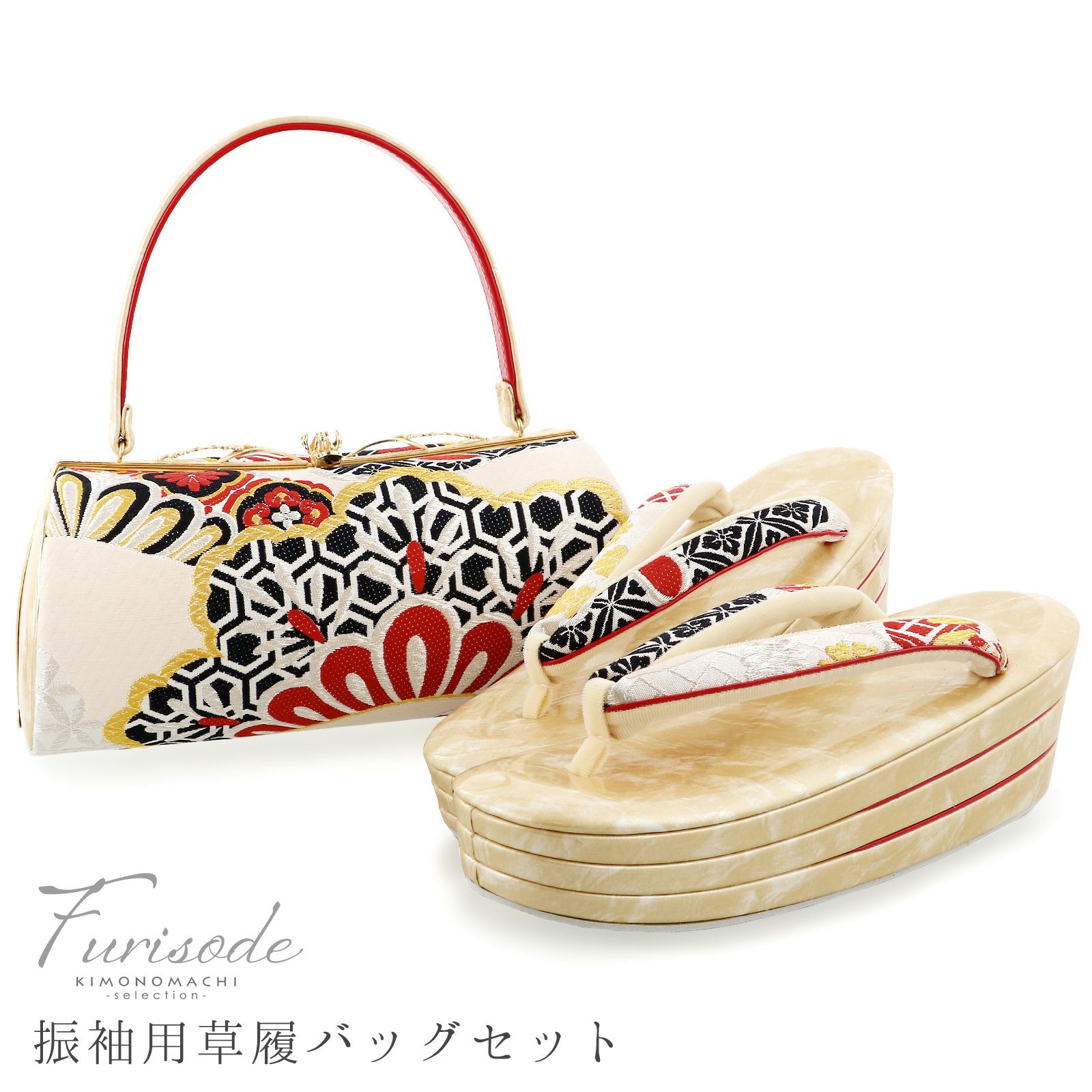 Prices down】振袖草履バッグセット 「薄香色 小紋の松」 Fサイズ(M～L 